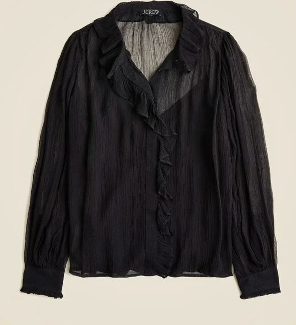 J.Crew Tops - J.Crew Ruffle Button Up Shirt Crinkle Chiffon Sheer Boho Cupro Black  0
